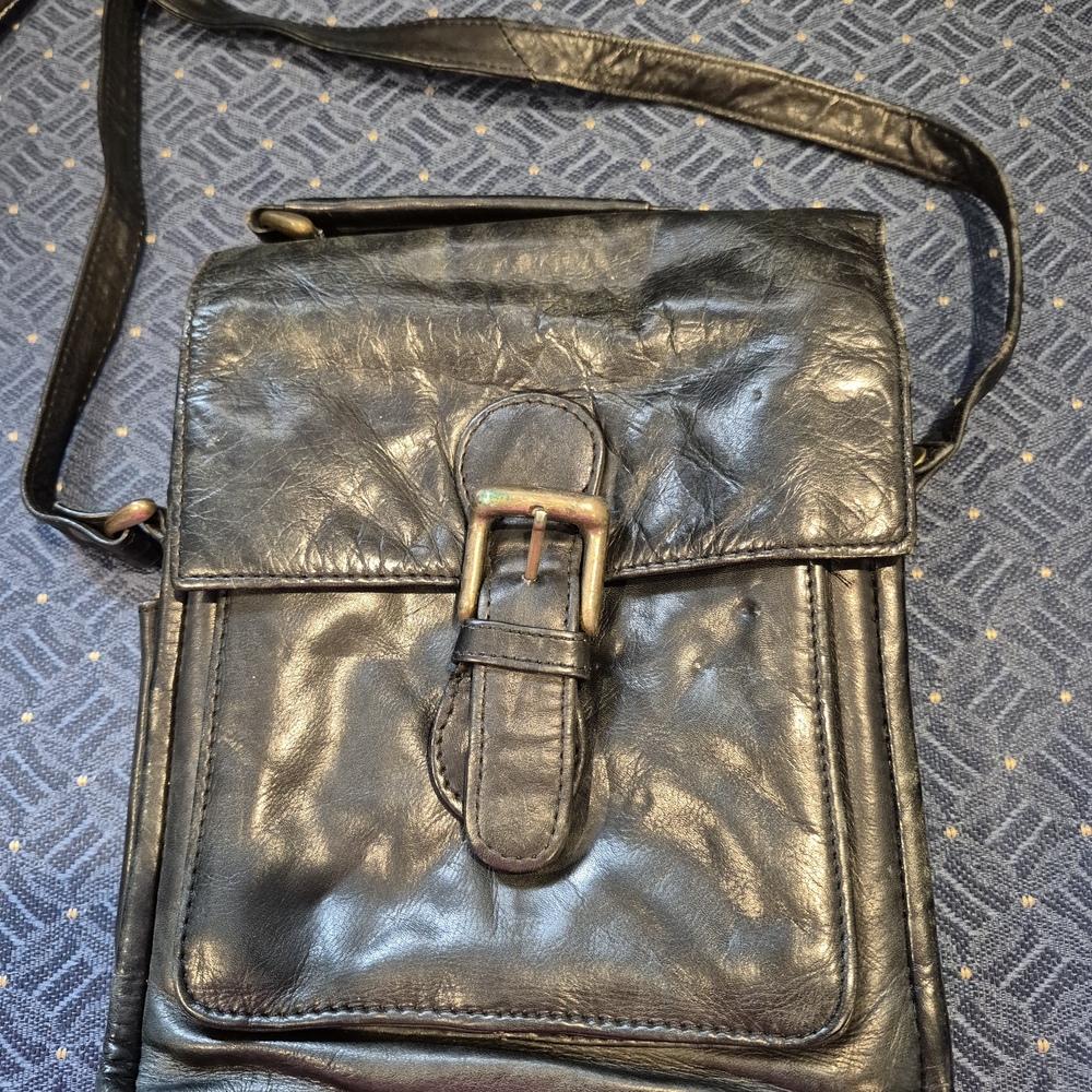 Wilsons Leather Black Crossbody Bag with Brass Buckle